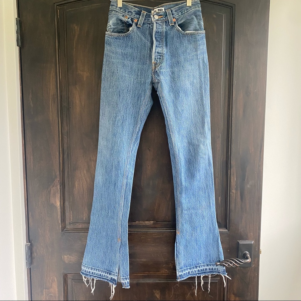 ReDone Levi’s jeans. Size 24. Flare leg with inner slit. High rise waist.
